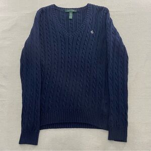 Ralph Lauren Women Navy Blue Cable Knit V-Neck Sweater Embroidered Pony XS
